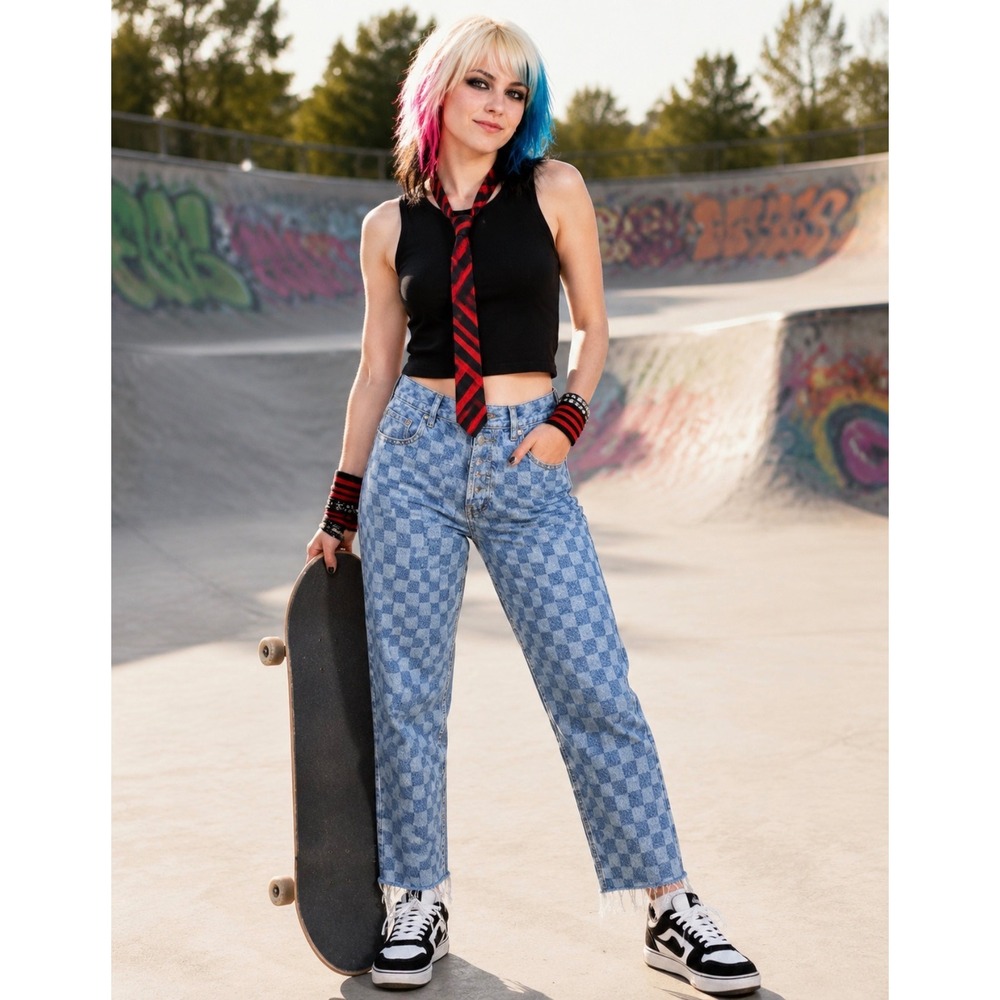 PacSun Checkerboard Jeans Women's 24 High Rise Straight Button Fly Skater Y2K